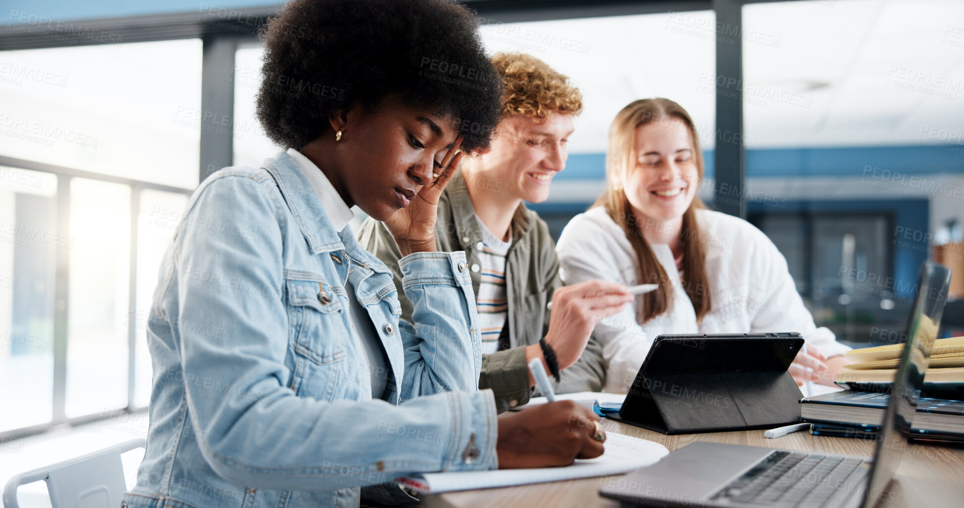 Buy stock photo Stress, student and woman in classroom, education or thinking of assignment for university or writing. Studying, contemplating and girl with anxiety for test, worry or people in college for knowledge