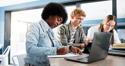 Buy stock photo Education, group and students with laptop, classroom and research for assignment in college or writing. University, learning and people with tech for knowledge, studying and teamwork for project