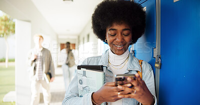 Buy stock photo Phone, student and happy woman at university for typing text, knowledge or check exam results online. Education, learning or girl on mobile in college campus for course upgrade, class schedule or app