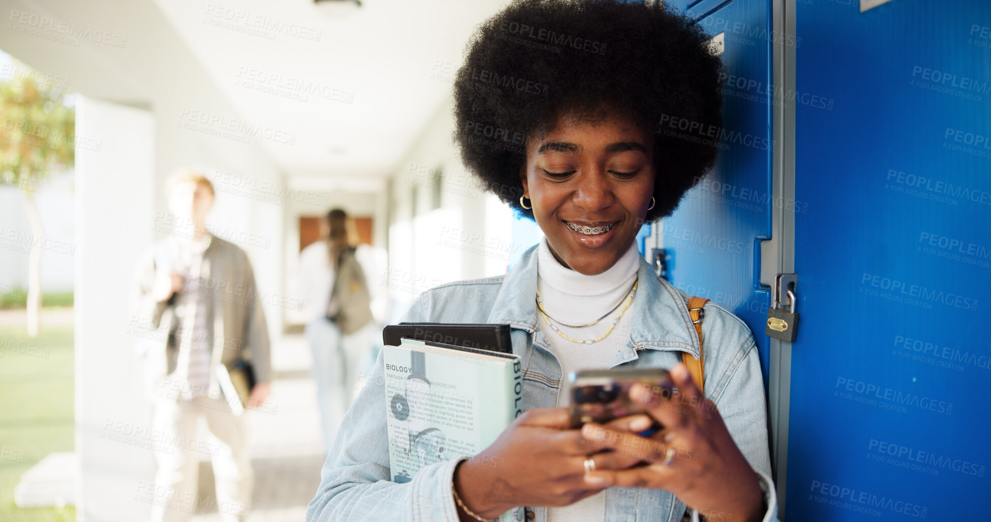 Buy stock photo Phone, student and happy woman at university for typing text, knowledge or check exam results online. Education, learning or girl on mobile in college campus for course upgrade, class schedule or app