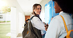 Students, college and friends at lockers in classroom for education, future and research thesis. Scholarship, studying and smile with people on University campus for knowledge, course and idea