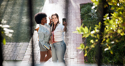 Buy stock photo Smile, student and friends selfie for education, future growth or development in college. Campus, scholarship and happy women support with peace sign, study books and excited for learning opportunity