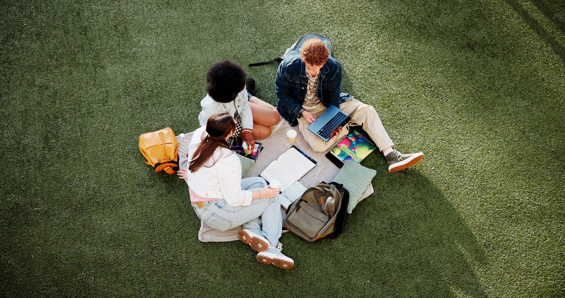 Buy stock photo Planning, college and group project with people from above for education, future and research thesis. Brainstorming, studying and team with friends in University for knowledge, course and idea