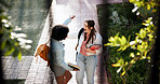 Smile, student and friends excited for education, future growth or development in college. Campus, scholarship and happy women walking with backpack, study books and hug for learning opportunity