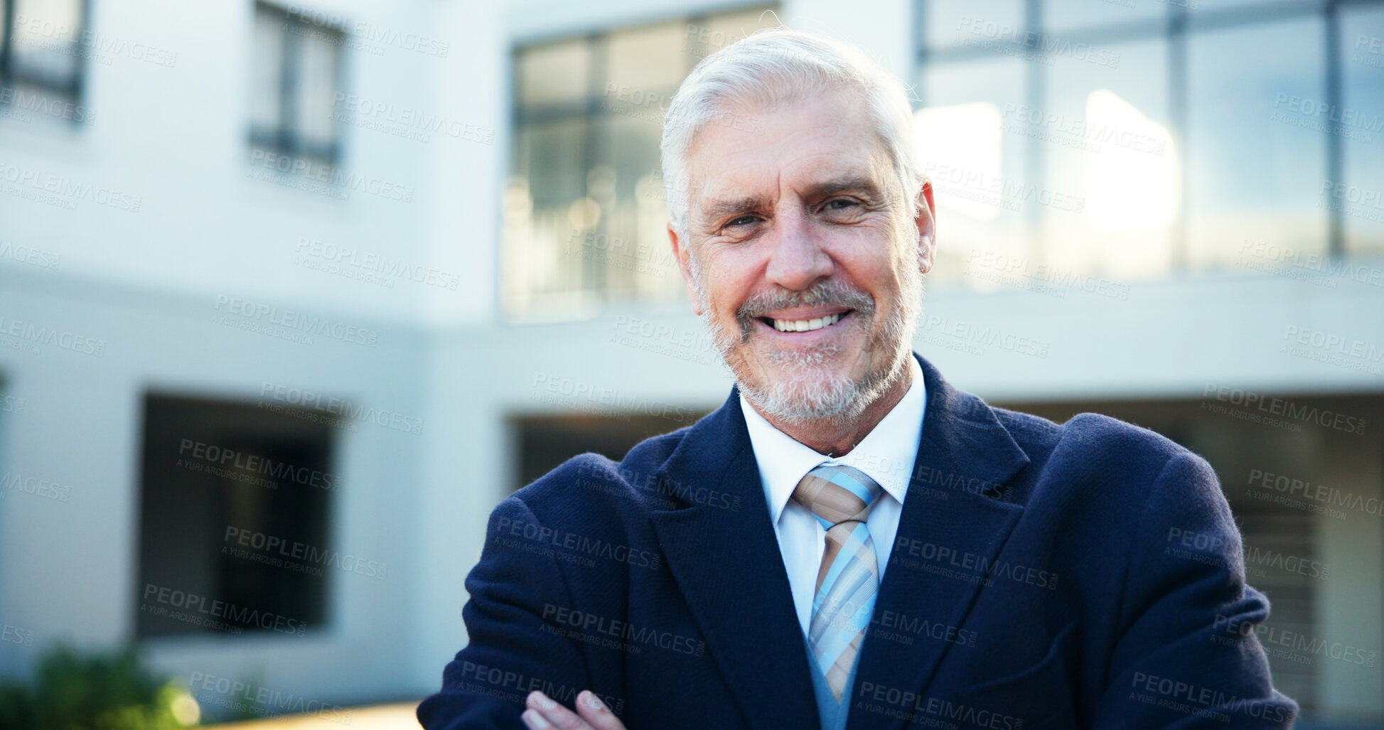 Buy stock photo Portrait, confident and mature man with smile, real estate agent and happy for market growth or outdoor. Proud, entrepreneur and person with career advancement in business, property or realtor in USA