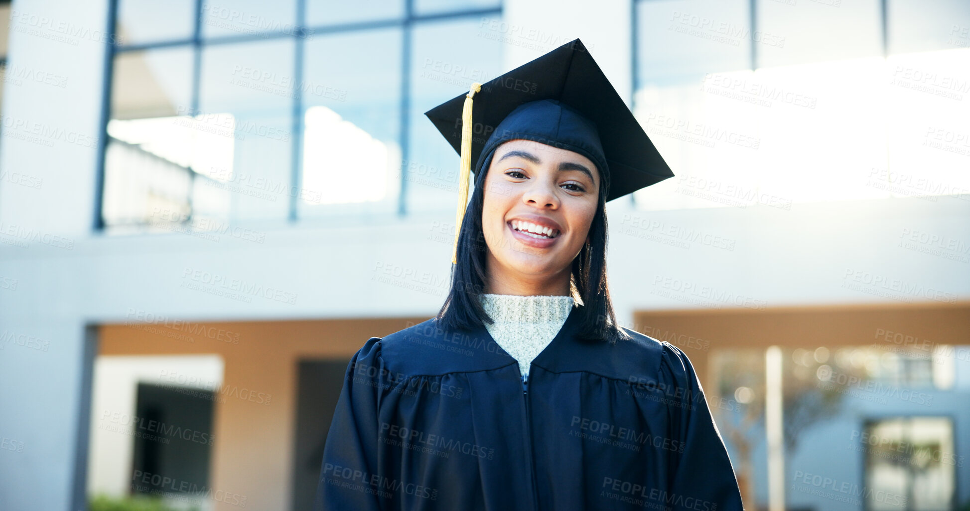 Buy stock photo Happy, woman and portrait at graduation outdoor, education achievement and qualification ceremony. Below, female student and studying success with university degree, celebration and academic progress