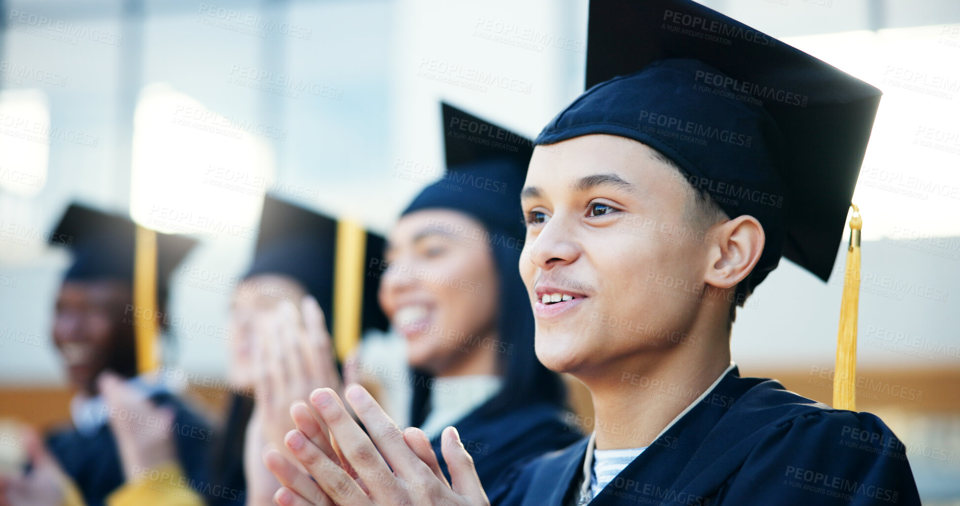 Buy stock photo Smile, man and students with applause of graduation ceremony, class announcement and celebration. Happy, people and clapping for education achievement, qualification success and award congratulations