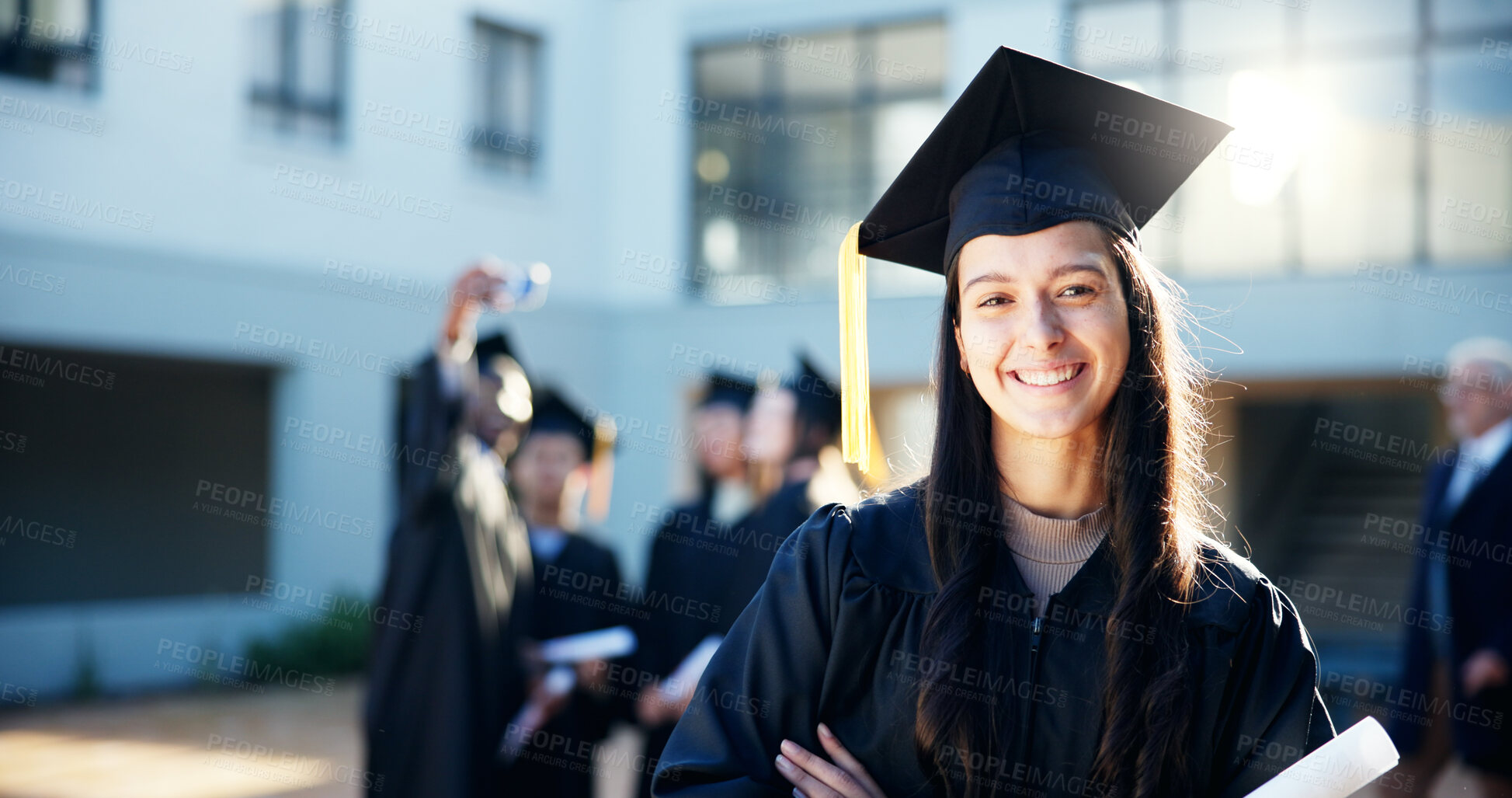 Buy stock photo Graduation, portrait and success for woman, celebration and achievement for people with scholarship or happy. Joy, excited and group of students with knowledge, education and completion of university