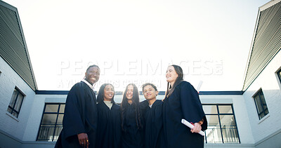 Buy stock photo Graduation, success and low angle with people in college for education, scholarship and diploma. Achievement, students and University with group of friends for future, certificate and ceremony