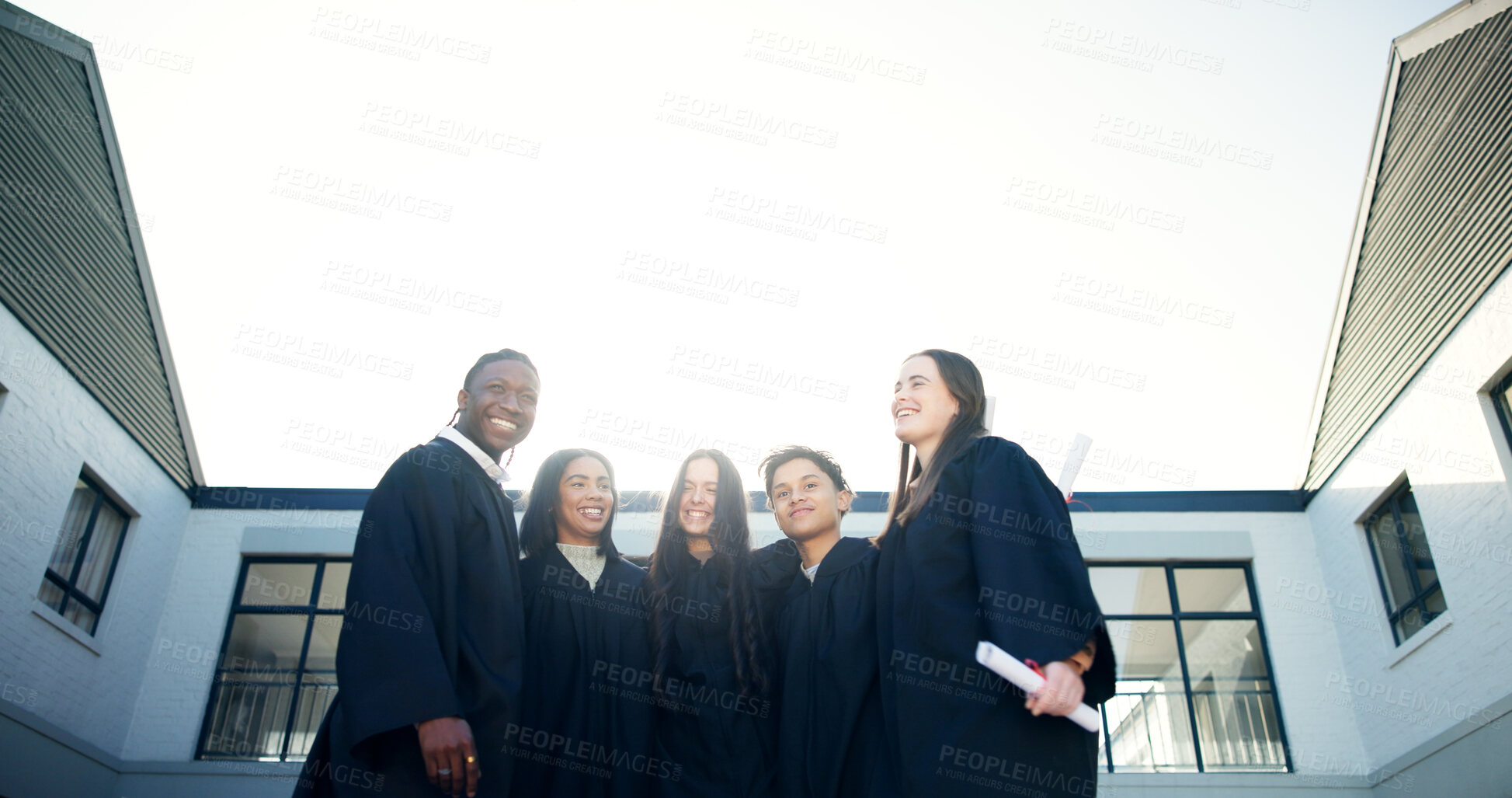 Buy stock photo Graduation, success and low angle with people in college for education, scholarship and diploma. Achievement, students and University with group of friends for future, certificate and ceremony