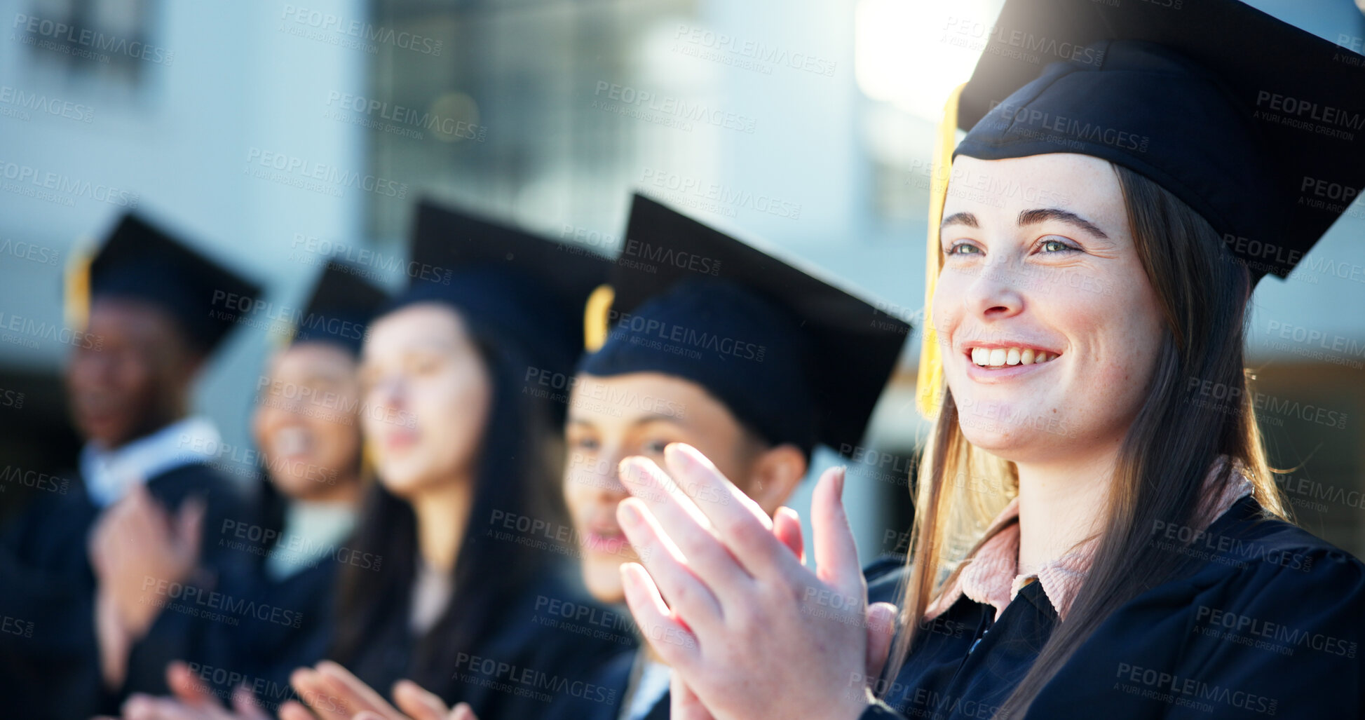 Buy stock photo Graduation, applause and success for woman, happy and achievement for people with scholarship or celebration. Joy, excited and group of students with knowledge, education and completion of university