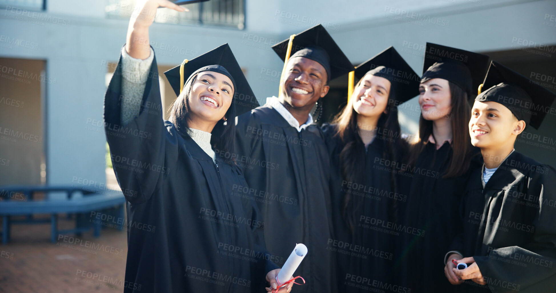 Buy stock photo Graduation, success and selfie with people in college for education, memory and diploma. Picture, students and University with group of friends at ceremony for future, certificate and photography