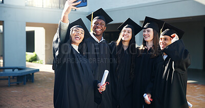 Buy stock photo Graduation, students and selfie with people in college for education, memory and diploma. Picture, success and University with group of friends at ceremony for future, certificate and photography