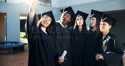 Buy stock photo Graduation, success and selfie with friends in college for education, memory and diploma. Picture, students and University with group of people at ceremony for future, certificate and photography