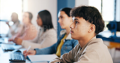 Buy stock photo People, students and listening with row for lesson, lecture or presentation in classroom at university. Young, group or learners in class for education, learning or academic knowledge at college