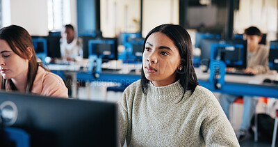 Buy stock photo Girl, student and listening with computer in classroom for lecture, education or learning at IT university. Female person, learner or studying with technology for lesson, presentation or tech course