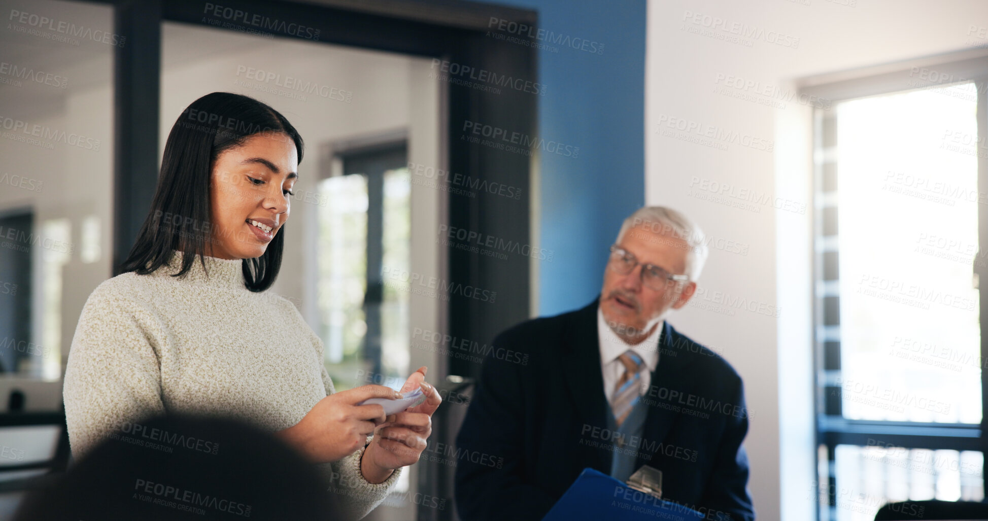 Buy stock photo Girl, student and presentation with notes for learning, moderation or education at university. Female person, learner or assessment with professor, lecturer or cue cards for oral speech at college