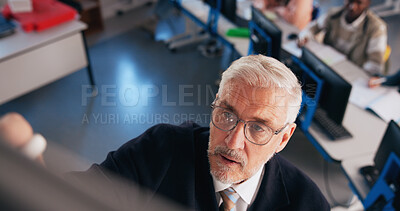 Buy stock photo University, lecturer and man in classroom, above and share information with professor. Mature person, employee and worker with college, presentation and education with curriculum, seminar or learning