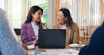 Buy stock photo Business women, laptop and documents at startup, meeting and discussion for budget review, revenue and profit. People, diversity and talk in office, charts and finance management at creative agency