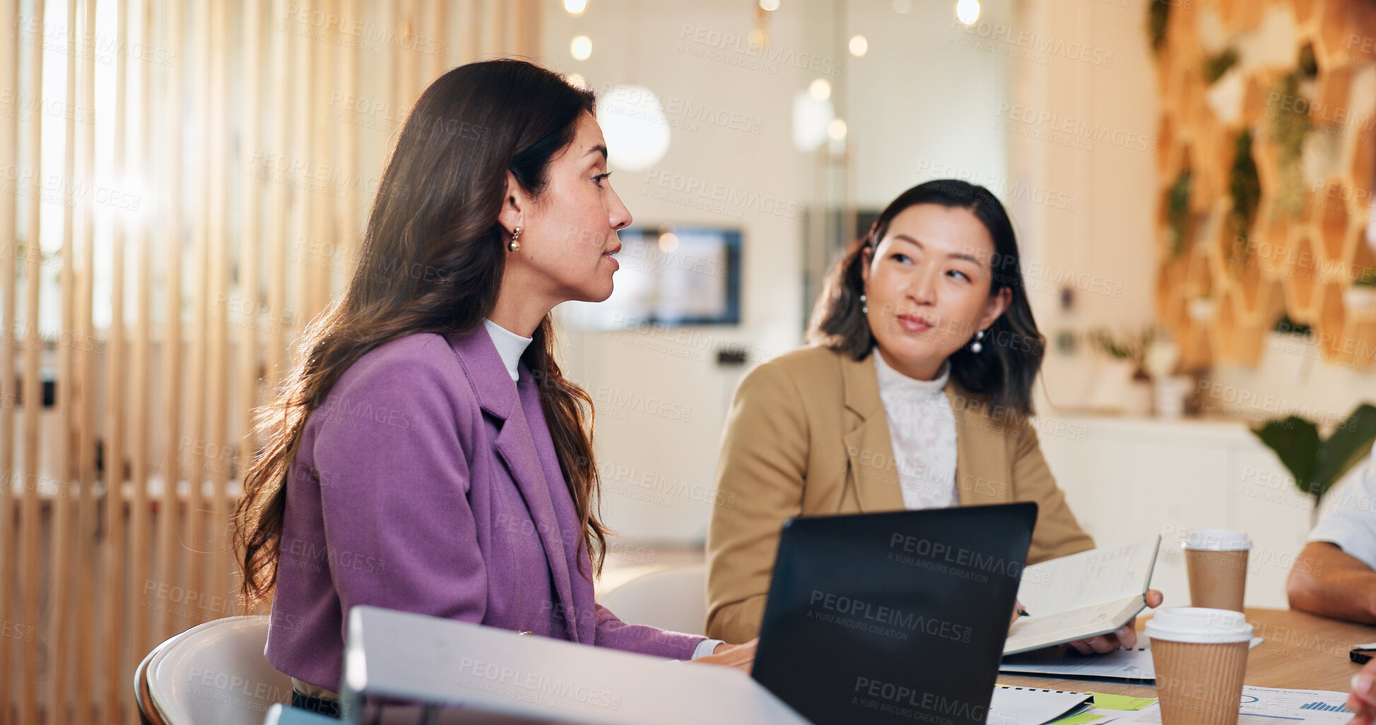Buy stock photo Business women, laptop and documents at meeting, startup and discussion for budget review at interior design company. People, diversity and computer with notes, charts and finance planning at agency