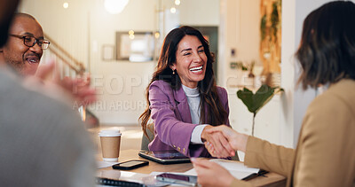 Buy stock photo Happy, business people or meeting with handshake for promotion, hiring or recruiting at office. Group, employees or shaking hands with candidate for job opportunity, deal or partnership at workplace