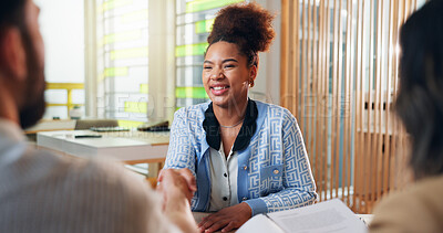 Buy stock photo Happy, business woman and interview with handshake for hiring, recruiting or job opportunity. Female person, employees or candidate shaking hands with resume for contract, enrollment or application