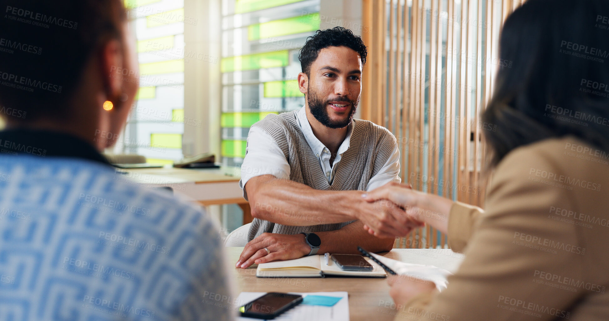 Buy stock photo Happy, businessman and interview with handshake for hiring, recruiting or job opportunity. Male person, employees or candidate shaking hands with resume or CV for contract, enrollment or application