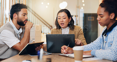 Buy stock photo Office, brainstorming and team with laptop, online and social media specialist with budget for ad. Discussion, professional and people with ideas for campaign, talking and collaboration for company