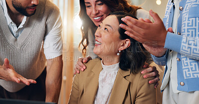 Buy stock photo Excited business woman, winner and congratulations in promotion, announcement or office negotiation success. Group of employees, clapping or applause for partnership, prize or workplace contract goal