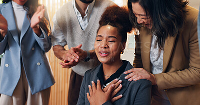 Buy stock photo Excited business woman, congratulations and applause in promotion, announcement or office negotiation success. Group of employees, clapping or winner for partnership, prize or workplace contract goal