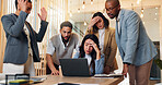 Frustrated, business people and laptop with stress for company bankruptcy, financial crisis or rejected funding. Upset employees, group or colleagues with bad news for poor investment, debt or loss