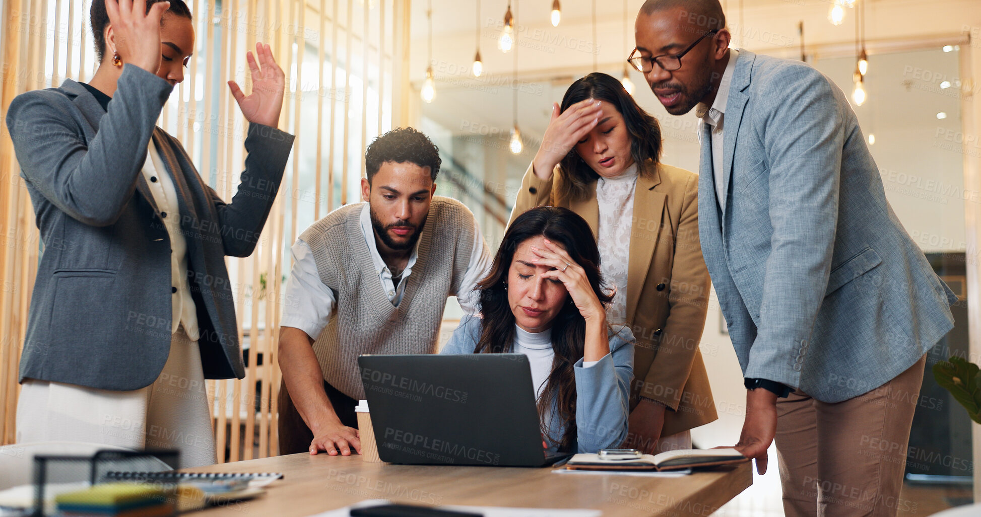 Buy stock photo Frustrated, business people and laptop with stress for company bankruptcy, financial crisis or rejected funding. Upset employees, group or colleagues with bad news for poor investment, debt or loss