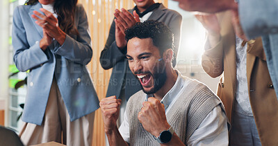 Buy stock photo Excited businessman, cheer and fist pump in promotion, announcement or office negotiation success. Group of employees, clapping or congratulations for partnership, prize or workplace contract goal