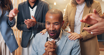 Buy stock photo Excited businessman, surprise or applause in promotion, announcement or office negotiation success. Group of employees, clapping or winner congratulations for partnership, prize or workplace contract