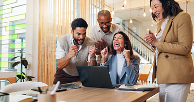 Buy stock photo Excited business woman, winner and celebration in promotion, announcement or negotiation success at office. Group of employees, clapping and applause for partnership, prize or workplace contract goal