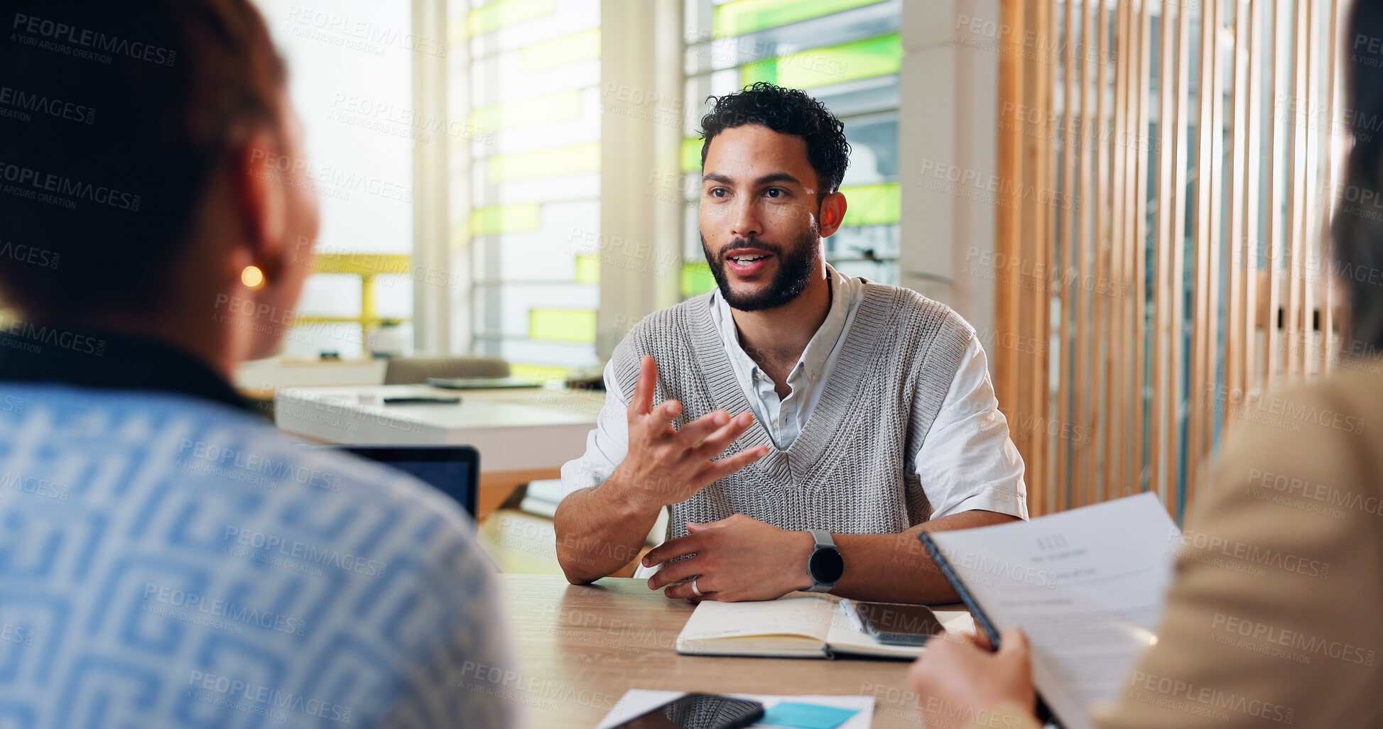 Buy stock photo Businessman, intern and meeting with interview for hiring, recruitment or job opportunity at office. Man, employee or candidate with recruiting team, CV or resume for career, proposal or application