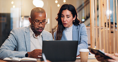 Buy stock photo Office, brainstorming and people with laptop, online and social media specialist with budget for ad. Discussion, professional and team with ideas for campaign, talking and collaboration for company