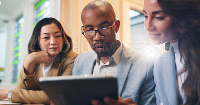 Buy stock photo Office, brainstorming and team with laptop, group and social media specialist with budget for ad. Discussion, professional and people with ideas for campaign, talking and collaboration for company