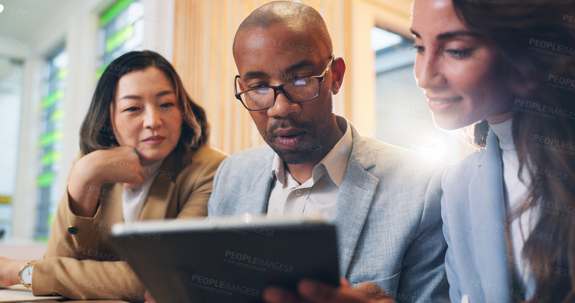 Buy stock photo Office, brainstorming and team with laptop, group and social media specialist with budget for ad. Discussion, professional and people with ideas for campaign, talking and collaboration for company