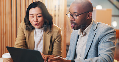 Buy stock photo Office, brainstorming and team with laptop, collaboration and social media specialist with budget for ad. Discussion, professional and people with ideas for campaign, talking and research for company