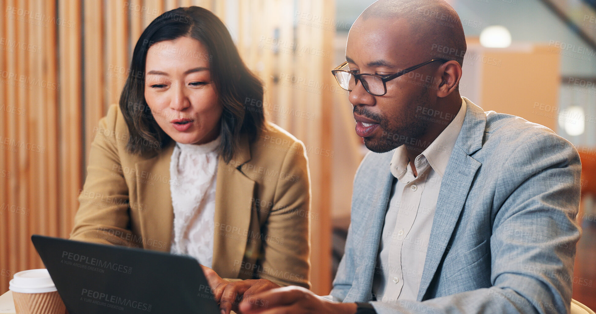 Buy stock photo Office, brainstorming and team with laptop, collaboration and social media specialist with budget for ad. Discussion, professional and people with ideas for campaign, talking and research for company