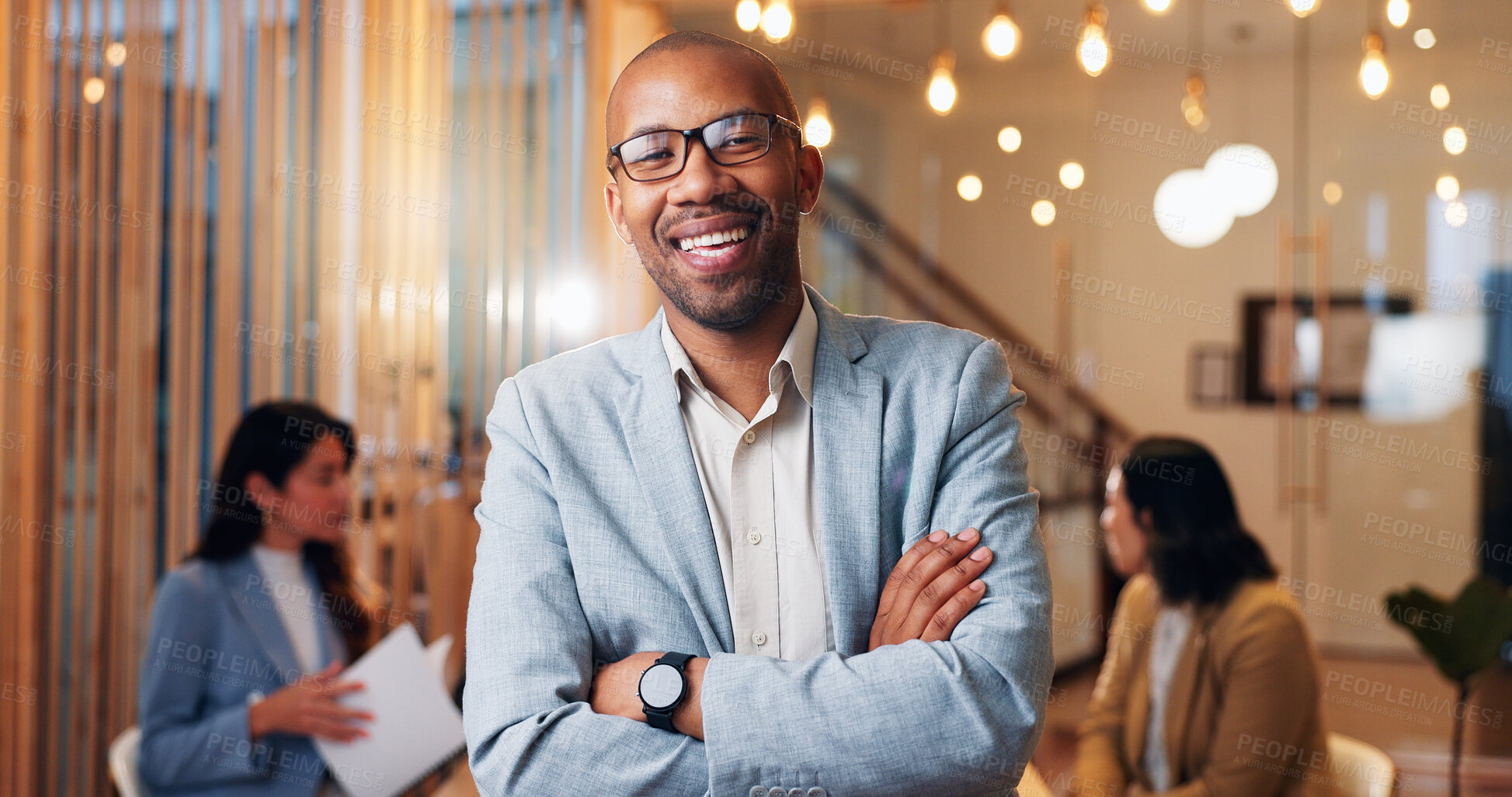 Buy stock photo Happy man, portrait and confident in office for career, business development and about us for collaboration. Events coordinator, meeting and arms crossed in agency for professionalism, pride or bokeh