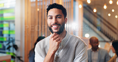 Buy stock photo Portrait, smile and creative businessman for event planning, artist consultant and director in office. Gallery curator, happy and startup founder with person in agency for confidence and ambition