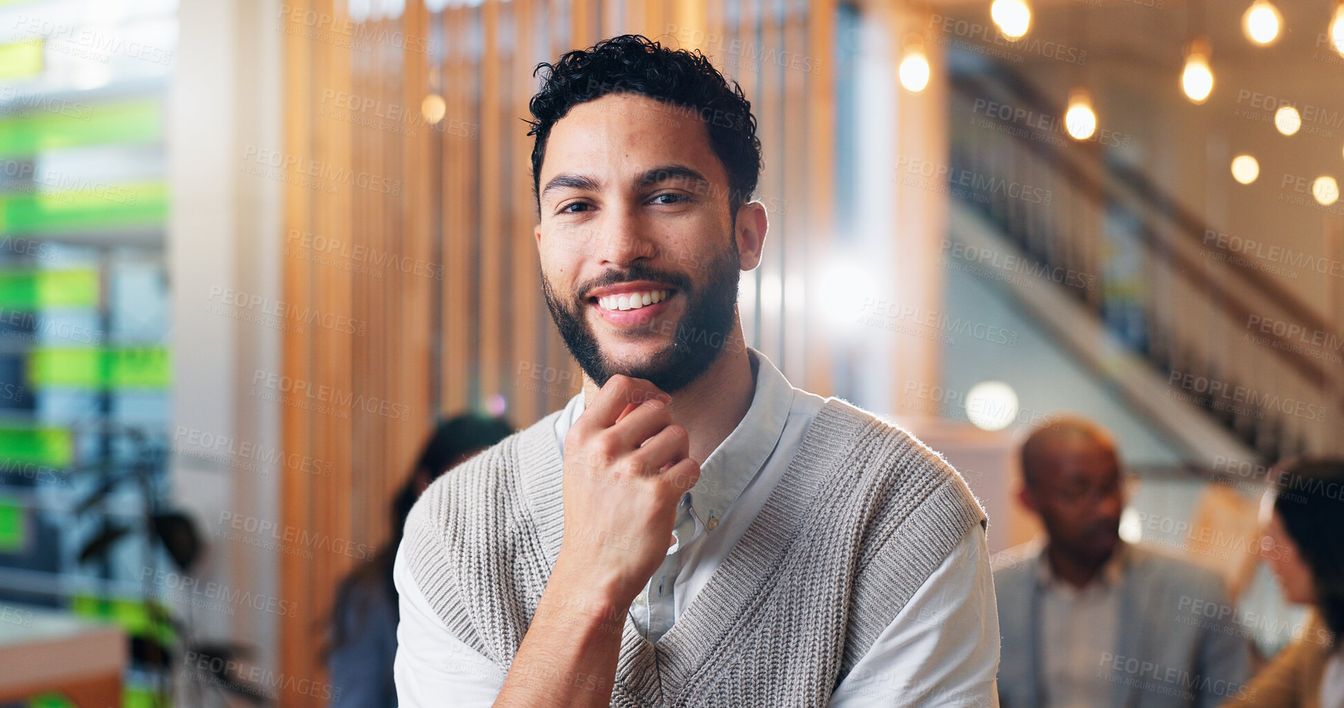 Buy stock photo Portrait, smile and creative businessman for event planning, artist consultant and director in office. Gallery curator, happy and startup founder with person in agency for confidence and ambition