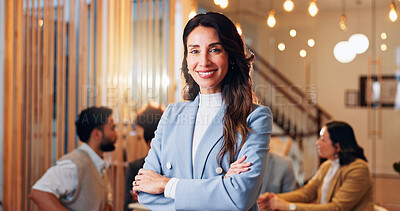 Buy stock photo Portrait, smile and creative business woman with arms crossed for event planning, artist consultant or director. Gallery curator, happy and startup founder with person in agency for confidence