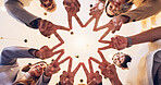 Happy, business people or meeting with finger star below for unity, motivation or teamwork at office. Low angle, employee or group with shape or smile in union or solidarity for mission or synergy