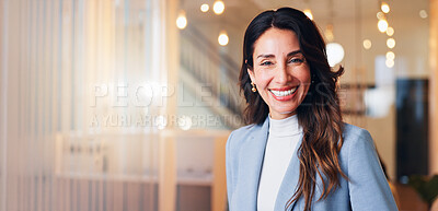 Buy stock photo Portrait, happy and creative business woman with confidence for event planning, artist consultant or director. Gallery curator, smile and startup founder with person in agency for designer job
