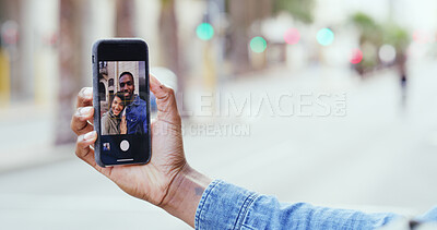 Buy stock photo Couple, hands and city with phone camera for selfie, photography or picture in street. Closeup, man or woman with mobile smartphone screen for capture moment, travel memory or app in an urban town