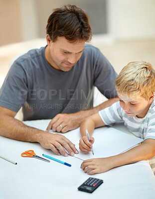 Buy stock photo Education, homework and man with child in backyard to study, teaching and learning math. Homeschool, dad and kindergarten boy at table with pen, paper and help with problem solving school project.