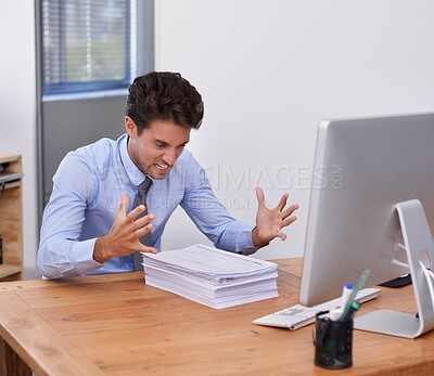 Buy stock photo Business man, stress and paperwork in office, angry and mistake with documents or crisis and fail. Businessperson, professional and frustrated with reports or proposal, review and mental health